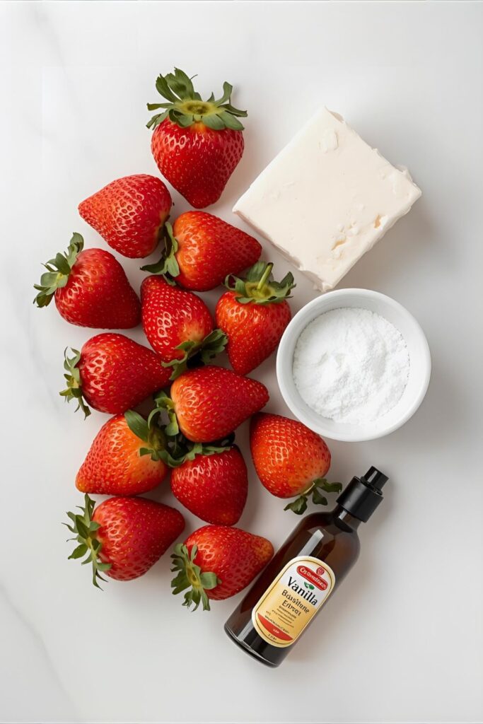 A flat lay collage of ingredients for cheesecake stuffed strawberries: fresh strawberries, cream cheese, powdered sugar, and vanilla extract.