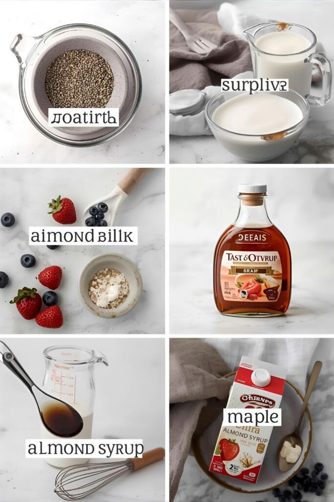 A flat-lay collage of ingredients for chia pudding, including chia seeds, almond milk, maple syrup, and berries.