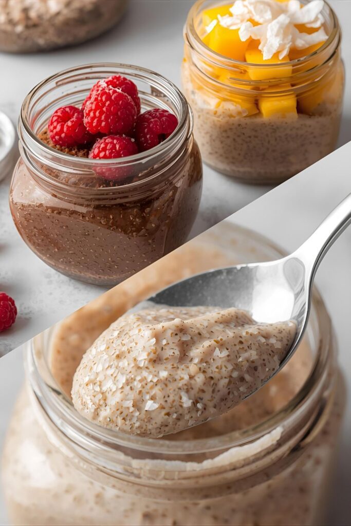 A split image showing two different flavored chia puddings and a close-up of a spoon showing the creamy texture.
