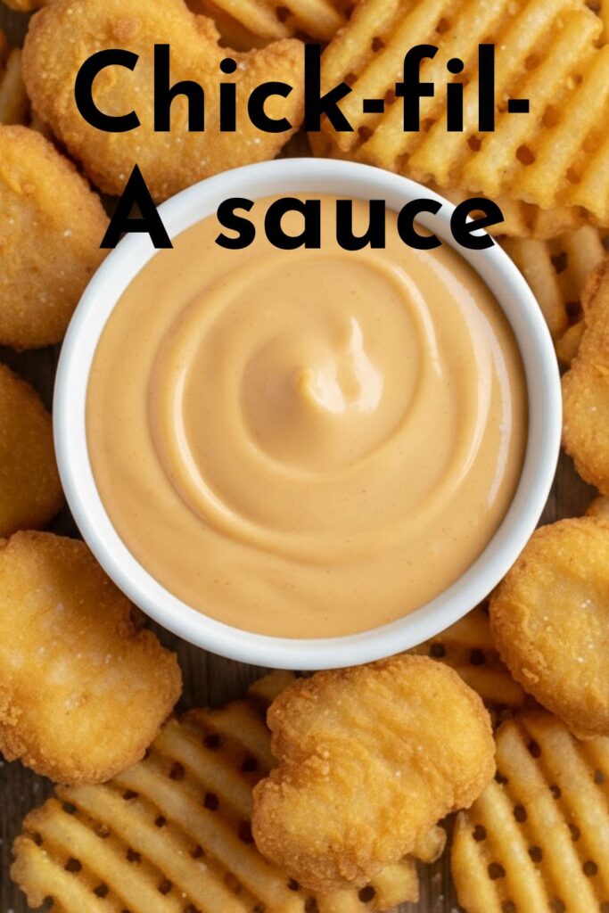 A close-up shot of a small bowl overflowing with rich, creamy golden Chick-fil-A sauce, with a few chicken nuggets ready for dipping. The text "Chick-fil-A sauce" is overlaid