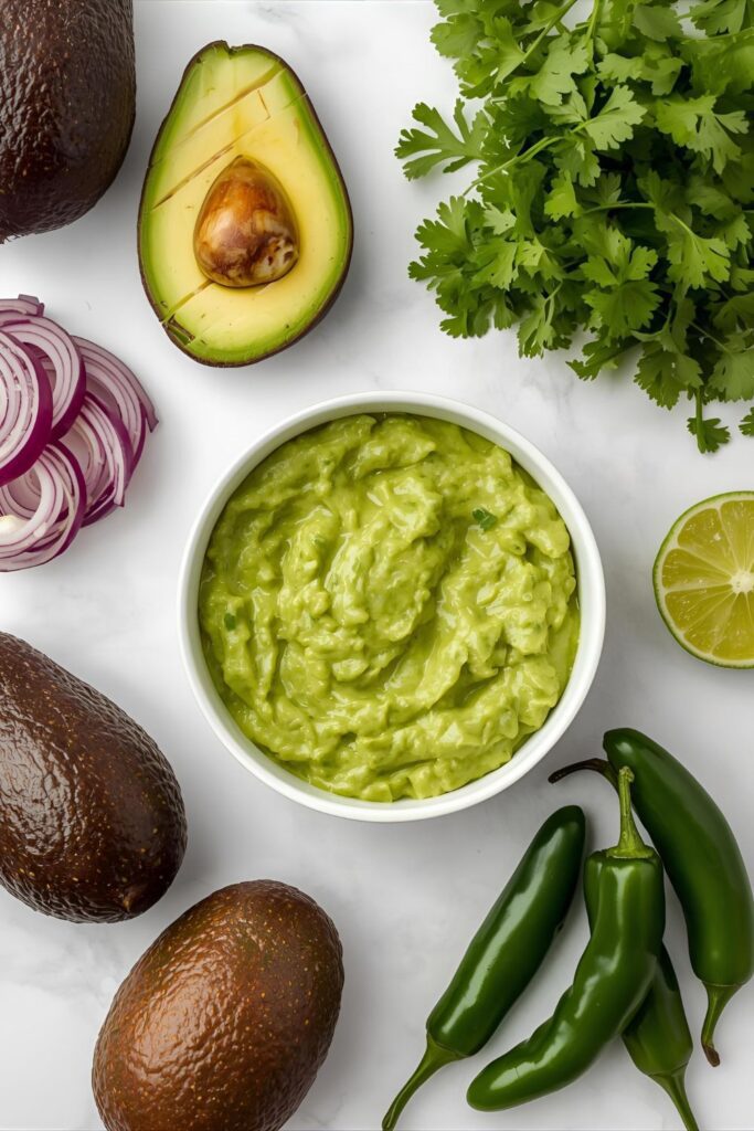 A bright, overhead flat lay collage of all the fresh ingredients for Chipotle guacamole: ripe avocados, red onion, a bunch of fresh cilantro, jalapeño peppers, and a lime, all neatly arranged on a light-colored background. `
