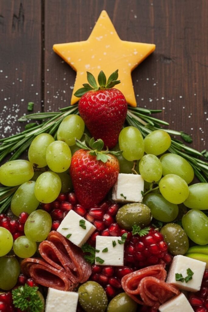a close-up of the star and ornaments on the Christmas tree board, and a wider shot of the full board in a holiday party setting.