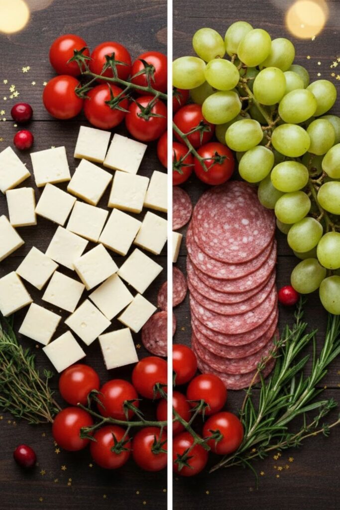 A collage of fresh ingredients used to build a Christmas tree board, including cheese, charcuterie, and green grapes.