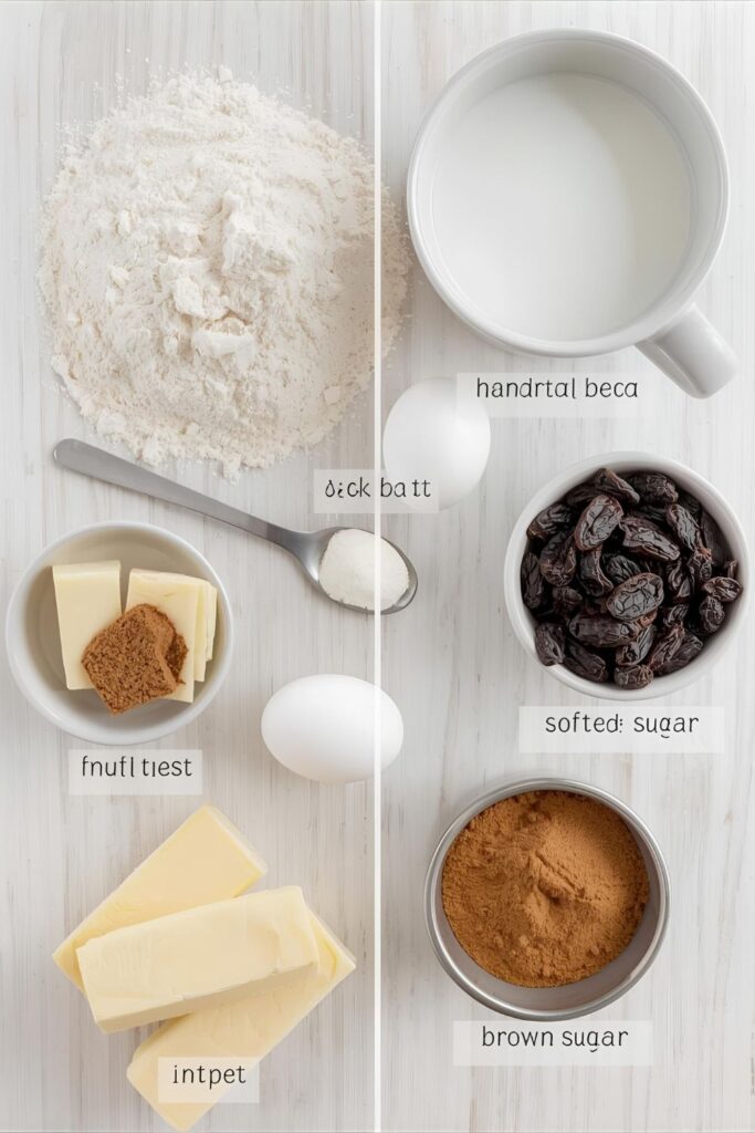 A clean flat lay collage showing the raw ingredients: flour, milk, yeast, butter, eggs, raisins, brown sugar, and ground cinnamon, arranged on a rustic table