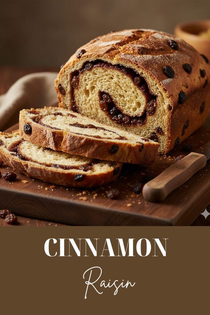 A whole, perfectly baked loaf of cinnamon raisin bread on a wire rack, showing the visible cinnamon swirl and raisins in the cross-section. The text "Cinnamon raisin" is overlaid.