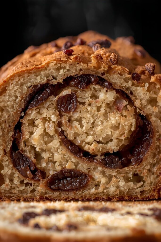 An extreme close-up shot focusing on a single slice of the finished cinnamon raisin bread, highlighting the tight, dark cinnamon swirl and the plump raisins within the soft crumb.