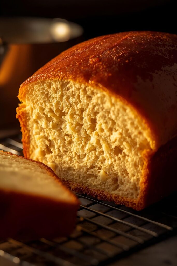 Close-up shot of a golden-brown baked brioche loaf, sliced to reveal the light, airy, and buttery crumb texture.