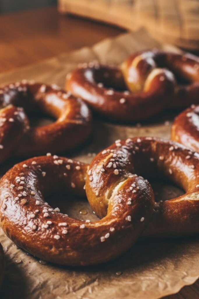 Close-up of deep golden brown, freshly baked soft pretzels topped with coarse salt on a baking sheet.