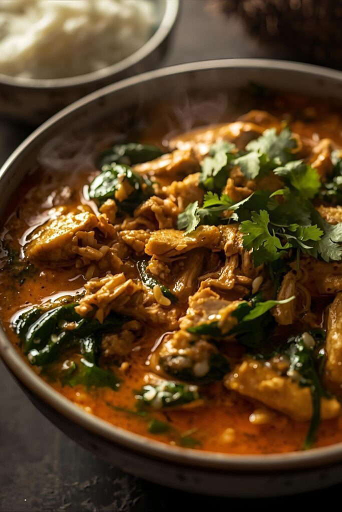 Close-up of a steaming bowl of 15-minute chicken and spinach curry, garnished with cilantro, served with white rice.