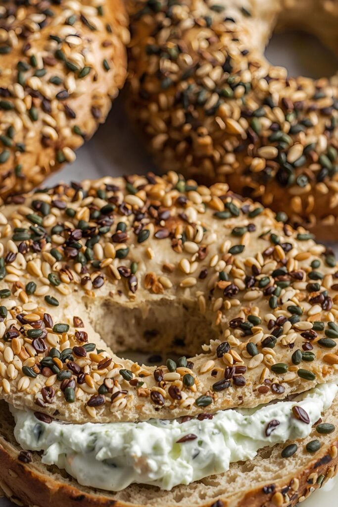 Close-up of a homemade Everything Bagel sliced open, toasted, and filled with a thick layer of chive cream cheese.
