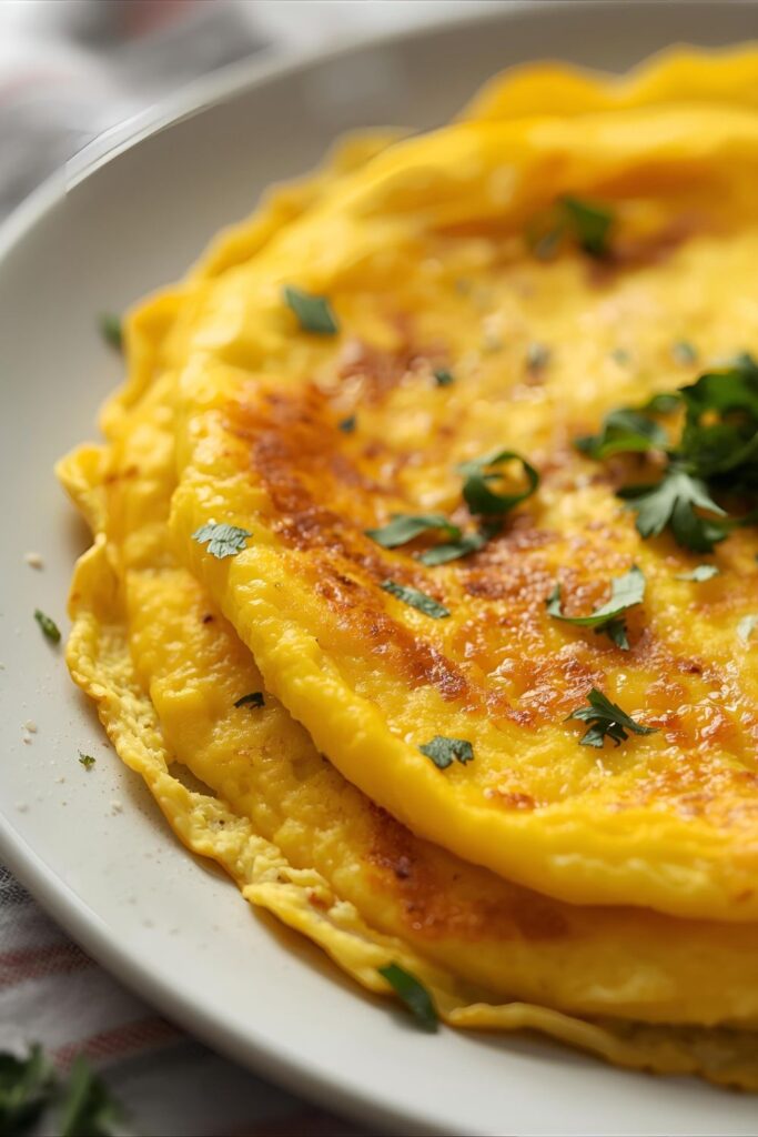 Close-up of a perfectly cooked, golden-yellow French omelette folded on a white plate and garnished with fresh parsley.