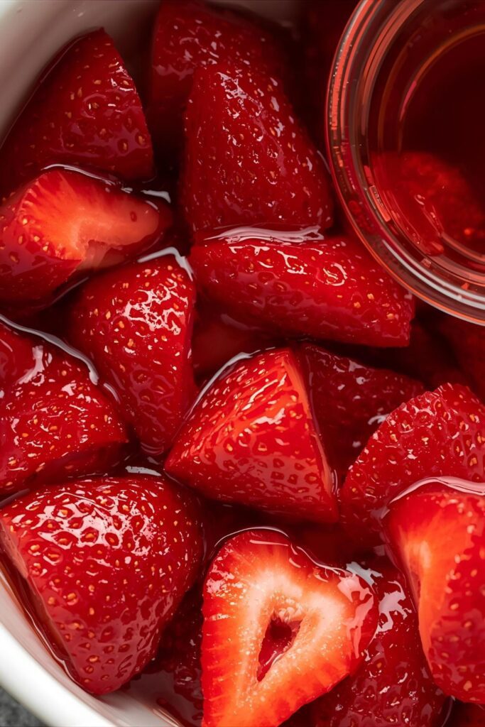 Close-up of vibrant red macerated strawberries with rich syrup, ready to use as a topping