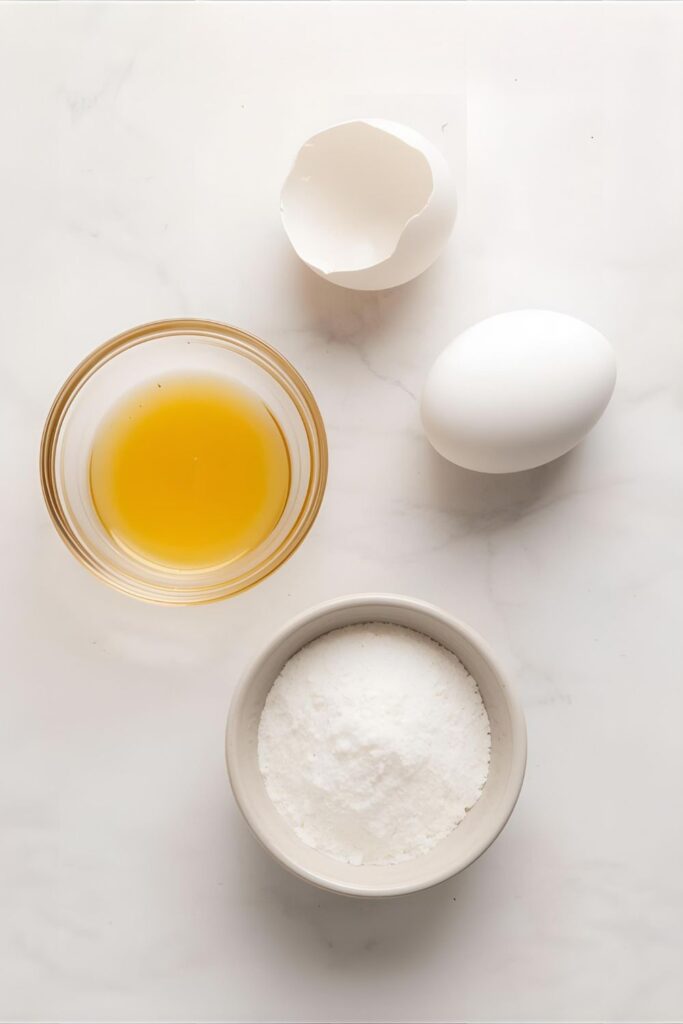  An overhead shot of the simple three ingredients for making cloud bread: egg whites, cream of tartar, and sugar.