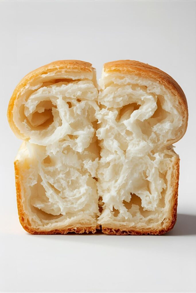 A close-up of cloud bread broken in half, showing its light and airy, fluffy interior texture.