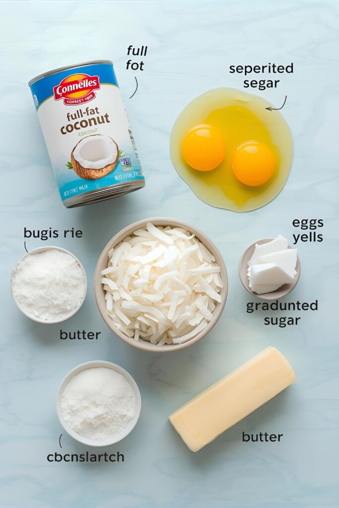 A clean flat lay collage showing the raw ingredients: canned coconut milk, egg yolks, shredded coconut flakes, granulated sugar, and a stick of butter, arranged on a blue tropical background.