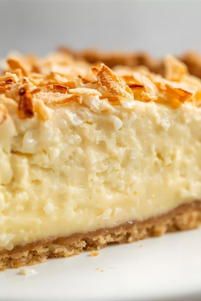 An extreme close-up shot focusing on the smooth, thick texture of the coconut custard filling and the layers of a slice of the finished pie.