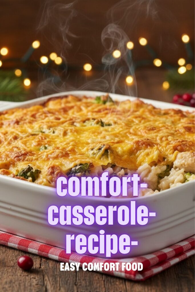 A recipe pin for comfort casseroles showing a freshly baked chicken, broccoli, and rice casserole.