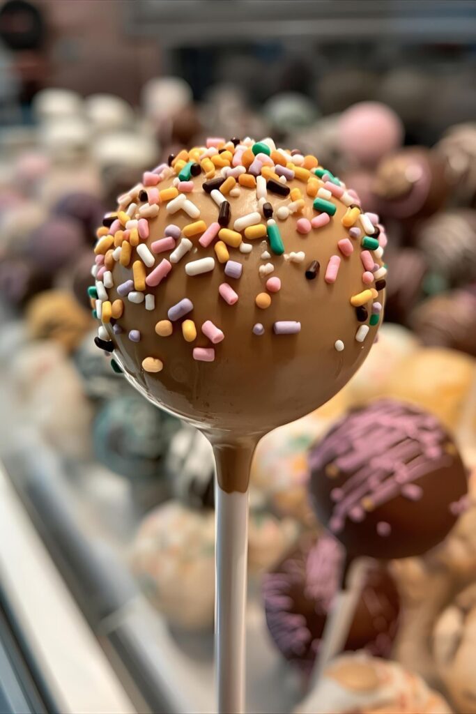 A close-up shot of a single perfectly dipped and decorated Starbucks cake pop on a stick, showing its smooth coating and intricate sprinkle detail, alongside a small display of various flavored/colored cake pops in the background. `