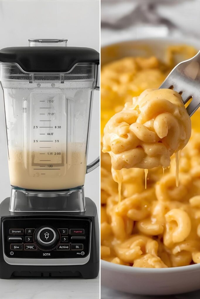 A split image showing cauliflower being blended into sauce and a close-up of a fork serving creamy cauliflower mac and cheese.