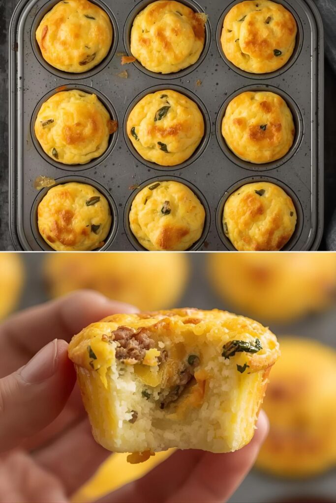 A split image showing the full pan of freshly baked egg muffins and a close-up of a single muffin being held, highlighting its texture.