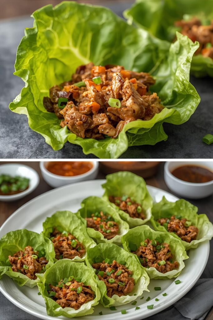 Two images of cooked PF Chang's lettuce wraps: one close-up, one on a platter, highlighting the delicious meal.