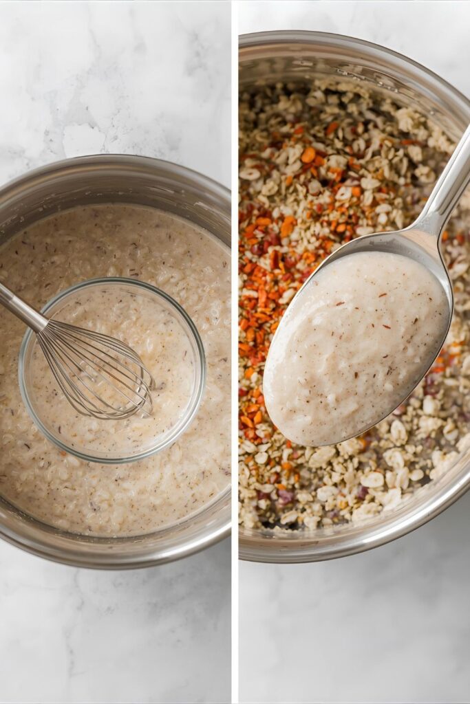 A split image showing the protein slurry being prepared and a close-up of the finished, creamy protein oatmeal in a bowl.