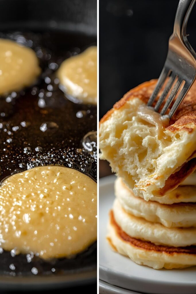 A split image showing the protein pancakes cooking on a griddle and a close-up of a fork cutting into a stack, revealing the fluffy interior.