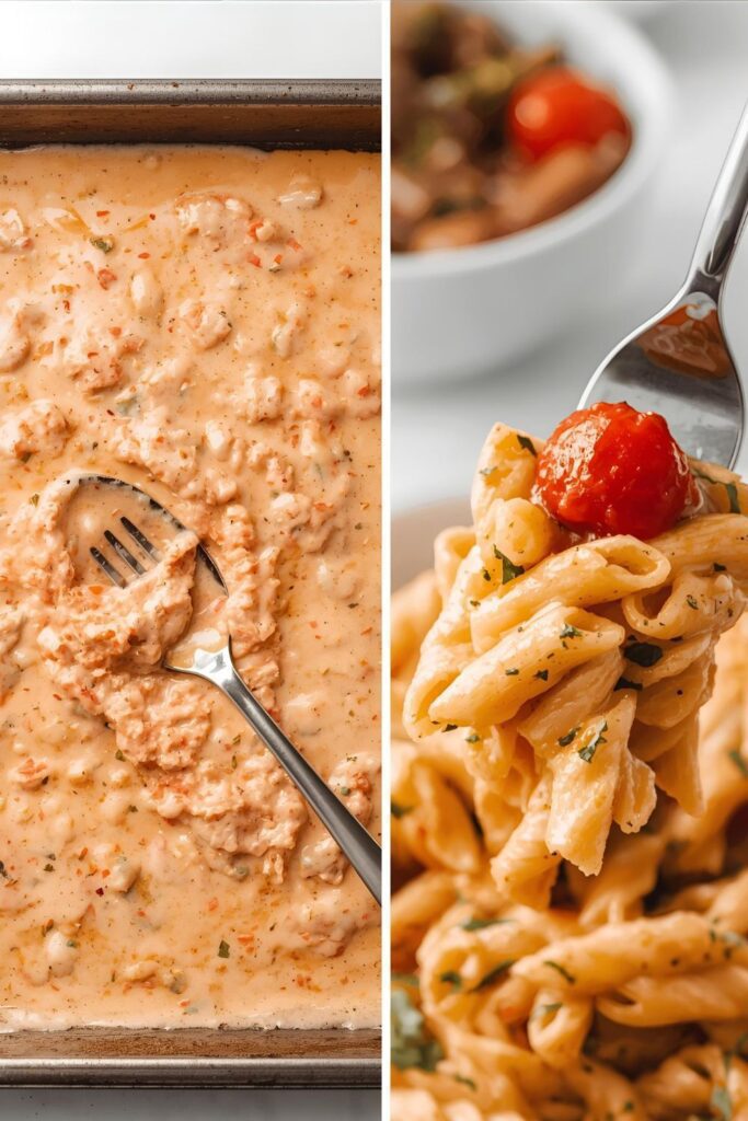 A split image showing the full pan of cooked sheet pan pasta being stirred and a close-up of a perfect forkful of the creamy dish.