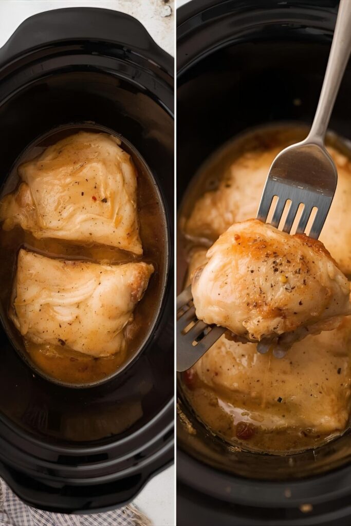 A split image showing the whole cooked chicken breasts in the slow cooker and a close-up of the chicken being easily shredded with forks.