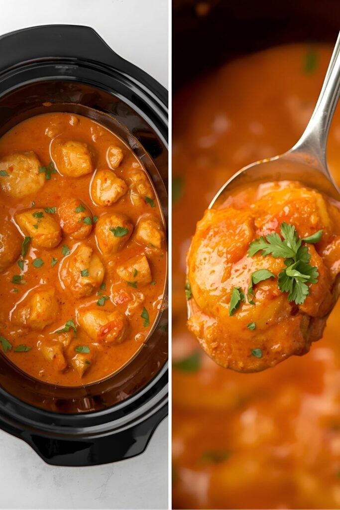 A split image showing the full slow cooker of finished chicken curry and a close-up of a spoonful, highlighting its creamy texture.