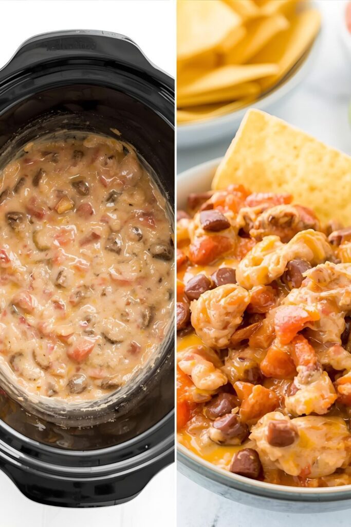 A split image showing the full slow cooker of finished dip and a close-up of the dip in a bowl, highlighting its creamy and chunky texture.