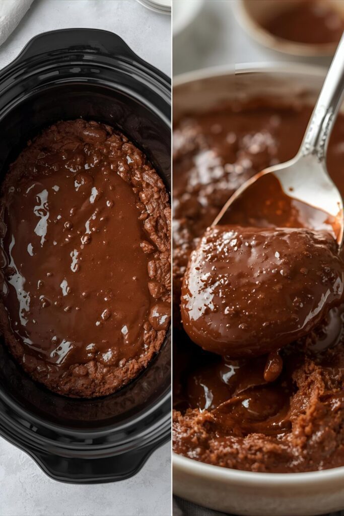 A split image showing the full slow cooker of finished lava cake and a close-up of a spoon breaking into the gooey, molten center.