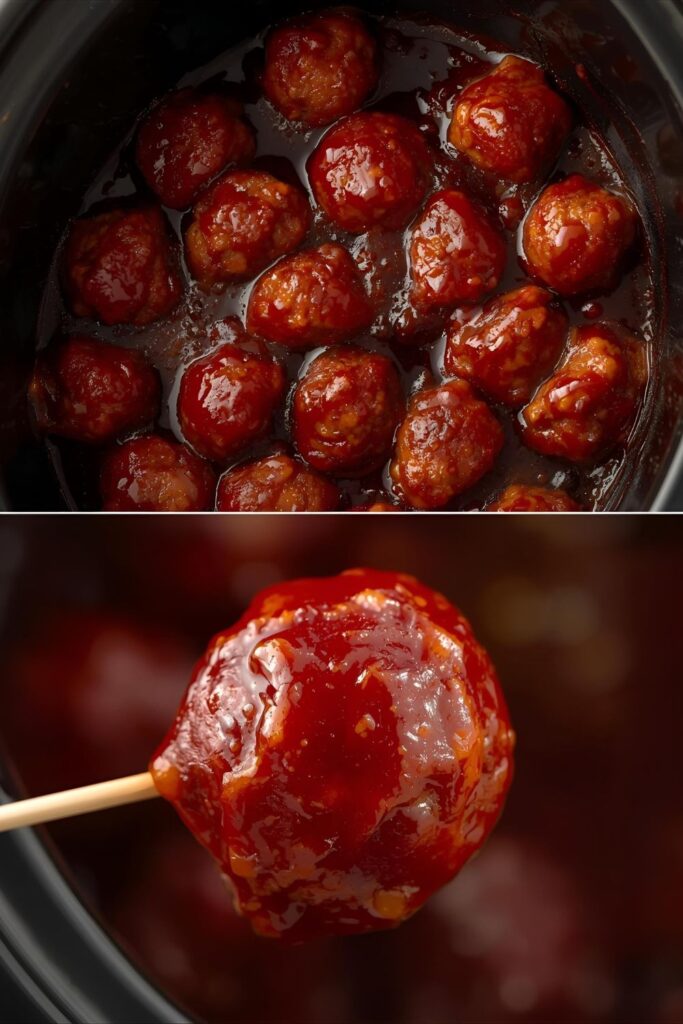 A split image showing the full slow cooker of finished meatballs and a close-up of a single meatball coated in the tangy sauce.