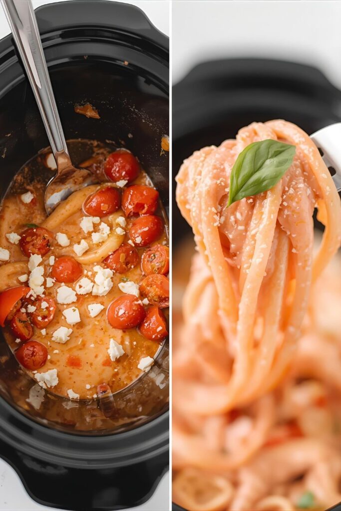 A split image showing the cooked feta and tomatoes in the slow cooker and a close-up of the finished pasta coated in creamy sauce.