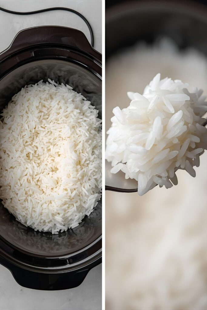 A split image showing the finished rice in the slow cooker and a close-up of a forkful, highlighting the fluffy texture of the grains.