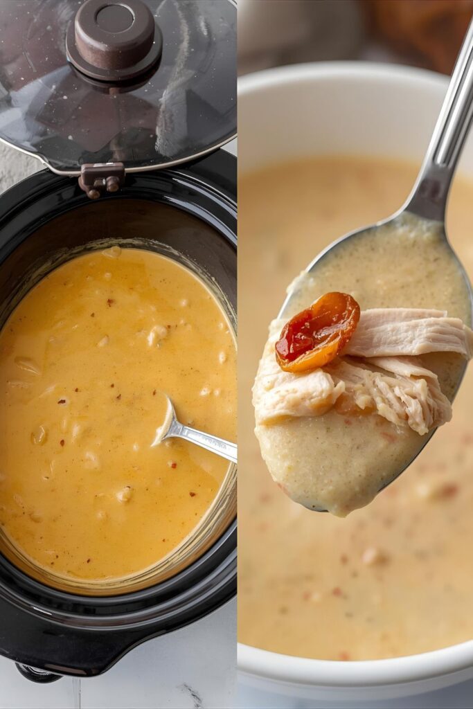 A split image showing the full slow cooker of finished soup and a close-up of a spoonful, highlighting its creamy texture.