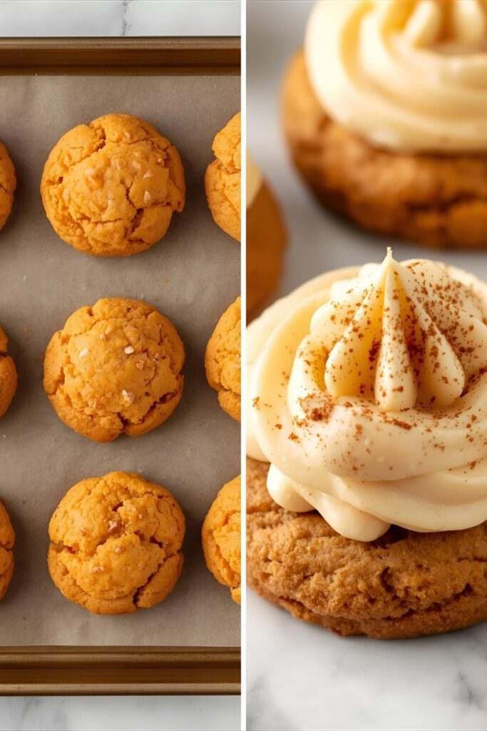 A split image showing the unfrosted sweet potato cookies on a baking sheet and a close-up of a finished cookie with cream cheese frosting.