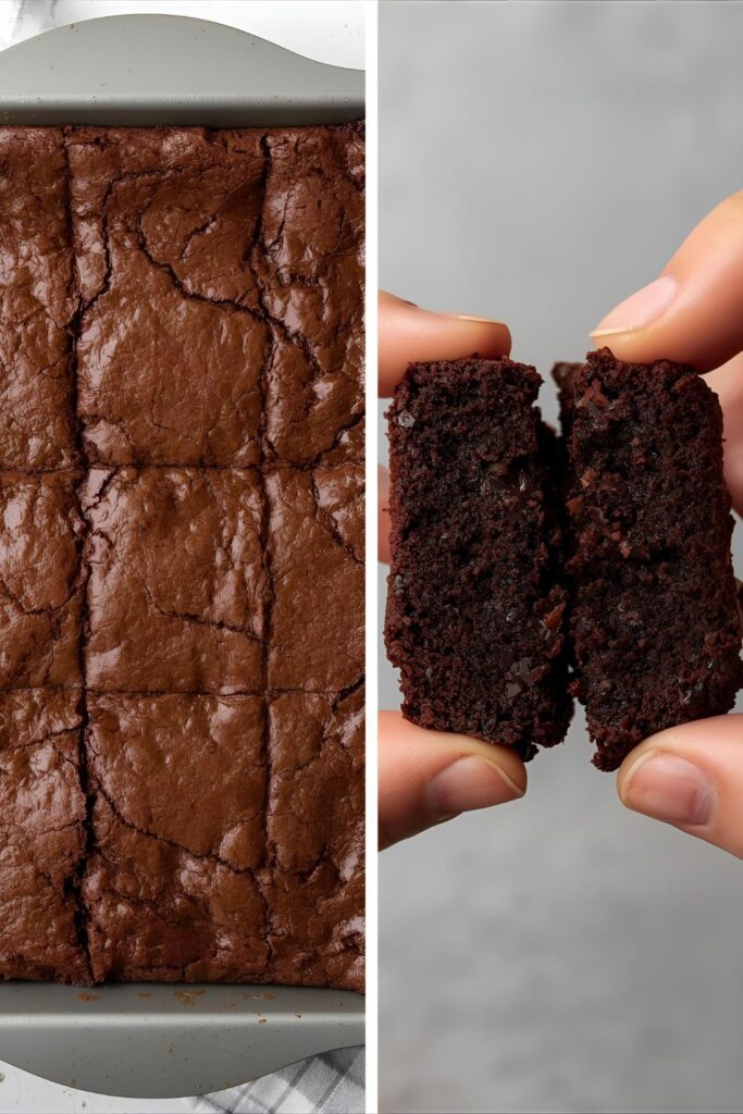 A split image showing the full pan of cooked zucchini brownies and a close-up action shot of a brownie being broken in half to reveal its fudgy interior.
