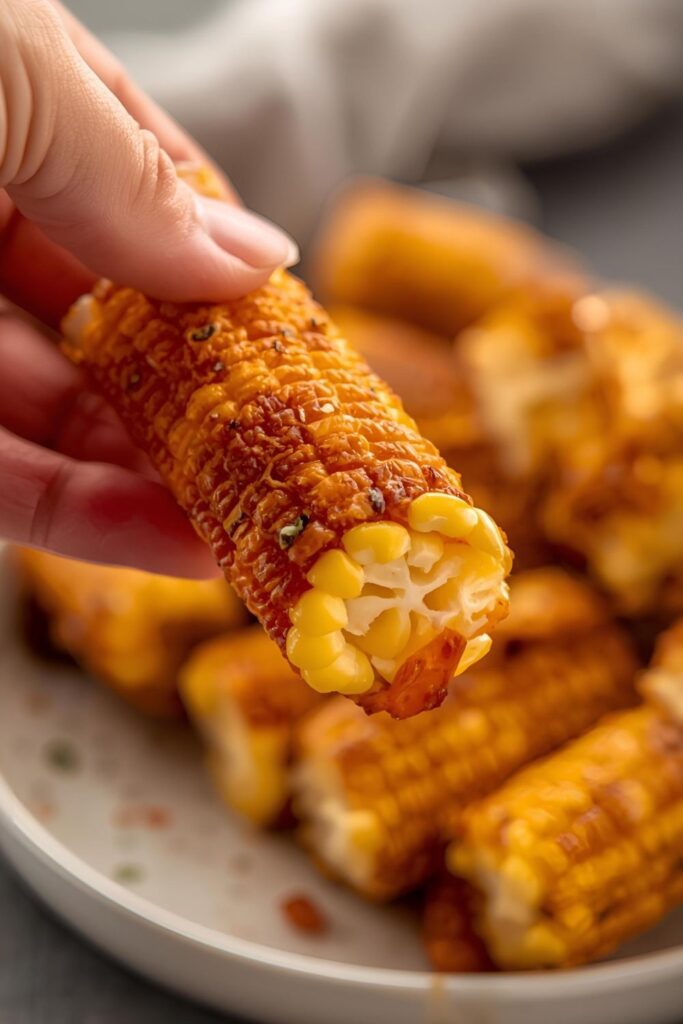 A close-up of a hand holding a single, perfectly curled and crispy corn rib.