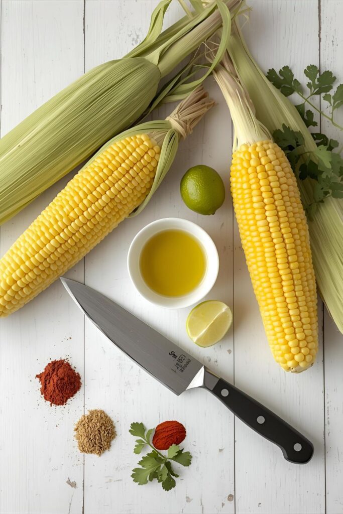 A flat lay collage of ingredients for corn ribs: fresh corn, olive oil, and various spices.