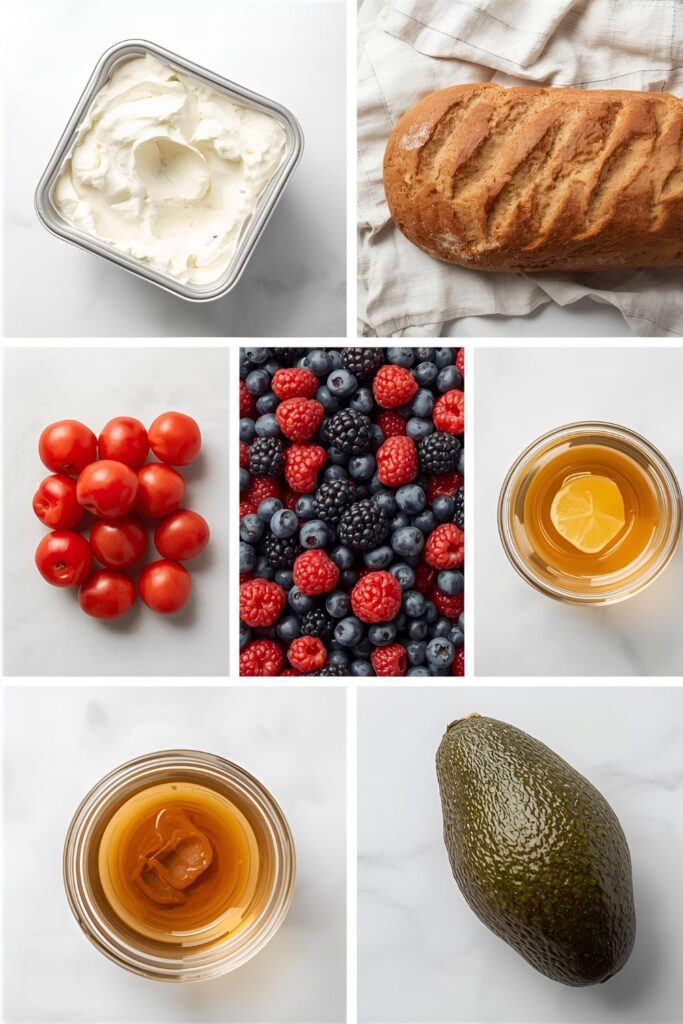 A flat-lay collage of ingredients for cottage cheese toast, including bread, cottage cheese, and various sweet and savory toppings.