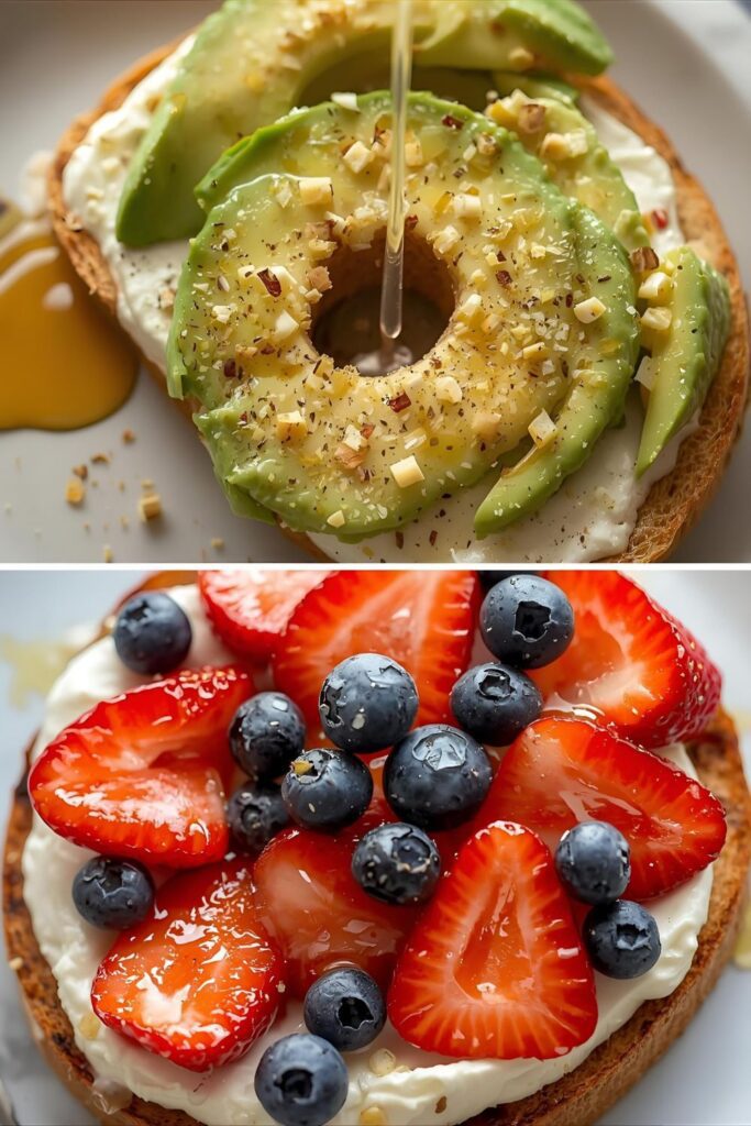 A split image showing two variations of cottage cheese toast: a savory avocado version and a sweet berry version.