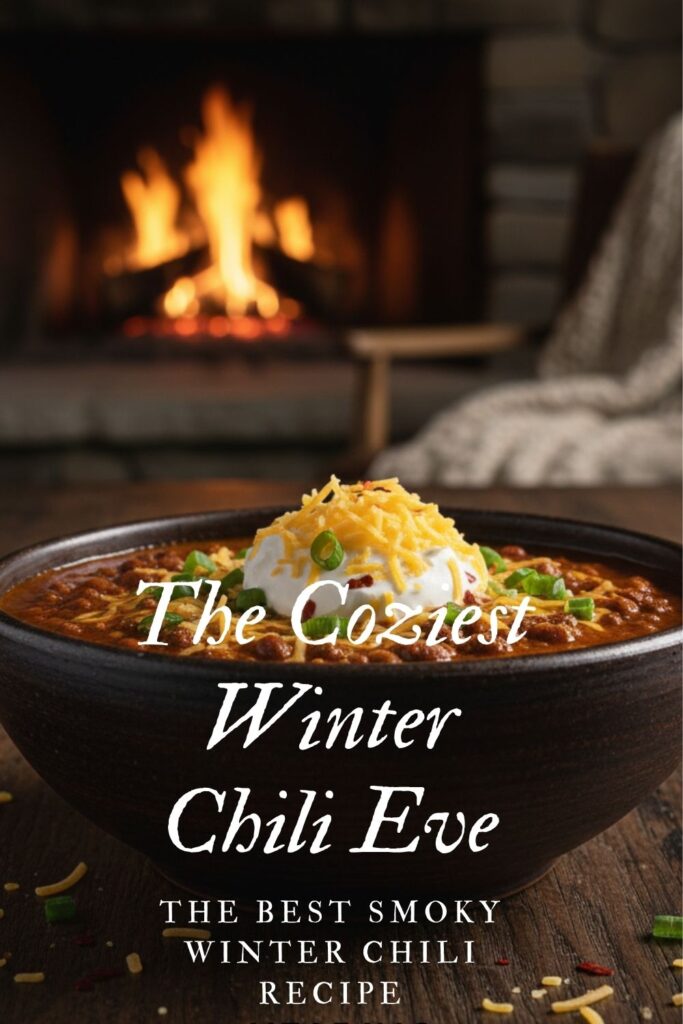 A recipe pin for winter chili recipes showing a cozy, rustic bowl of beef and bean chili.