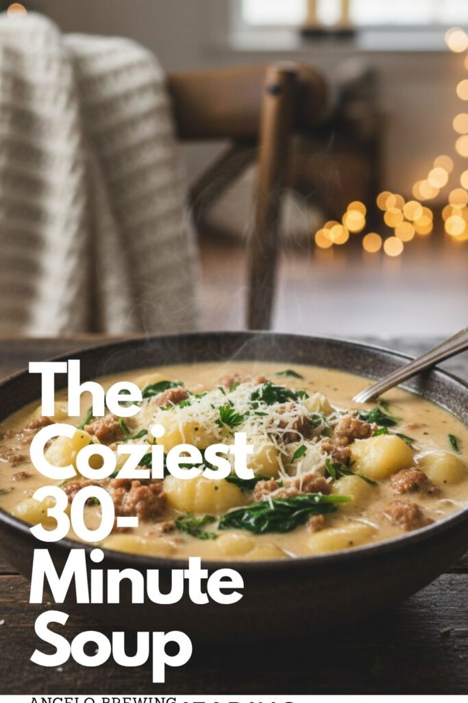 A recipe pin for hot winter soups showing a creamy bowl of sausage and gnocchi soup.