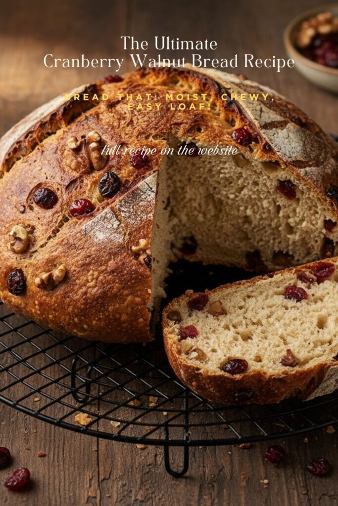 Golden-brown Cranberry Walnut bread loaf with walnuts and cranberries, showing the soft interior, ready for text overlay "Cranberry Walnut")