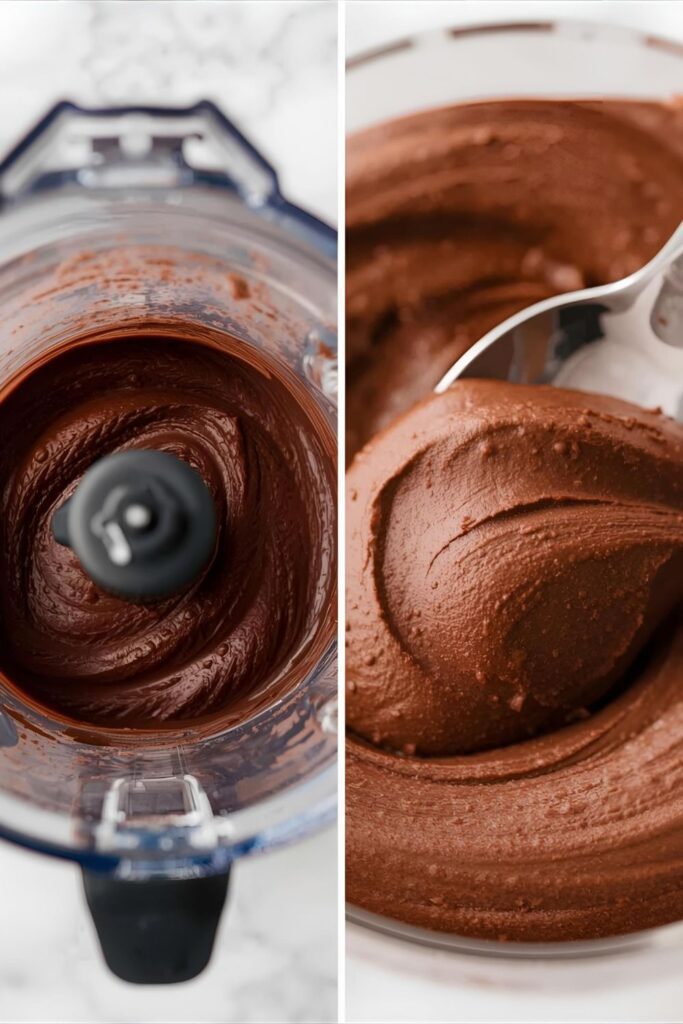 A split image showing the smooth avocado chocolate mousse in a blender and a close-up of a spoon scooping the finished mousse, highlighting its creamy texture.