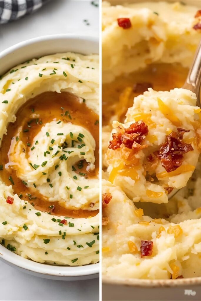 Diptych showing a bowl of classic mashed potatoes with gravy and an extreme close-up of a loaded mashed potato scoop with bacon and cheese.