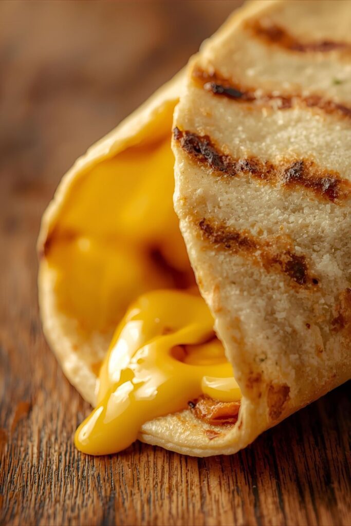 An extreme close-up shot of the corner of a crispy, grilled tortilla wrap, showing the golden texture and melted cheese.