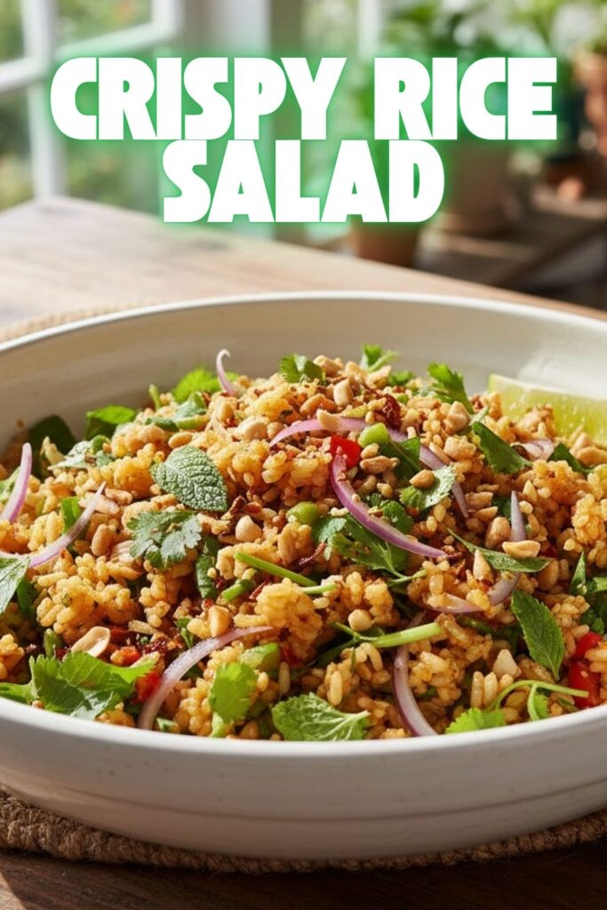 A beautiful, large bowl of crispy rice salad with fresh herbs, with a text overlay that reads "Crispy Rice Salad."