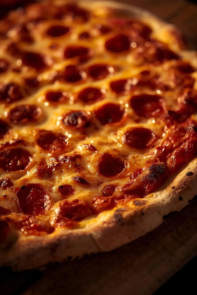 Close-up shot of a baked Neapolitan-style pizza with a golden-brown, crispy and chewy crust and melted mozzarella cheese.
